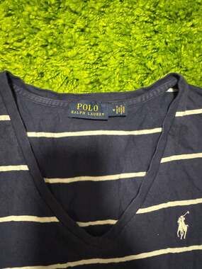 Polo Ralph Lauren Navy and White Striped V-Neck T-Shirt Size M